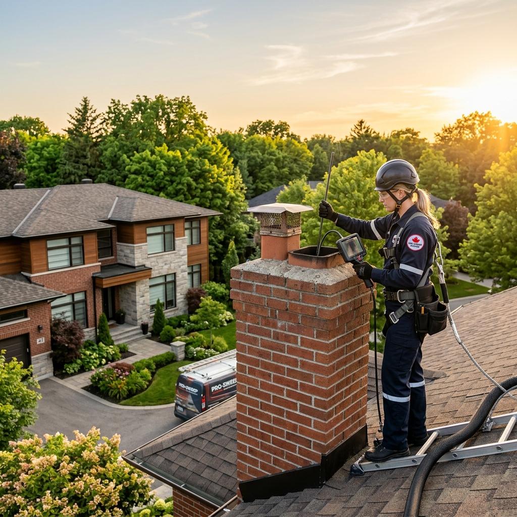 Professional chimney inspection on a Canadian home with a beautiful brick chimney